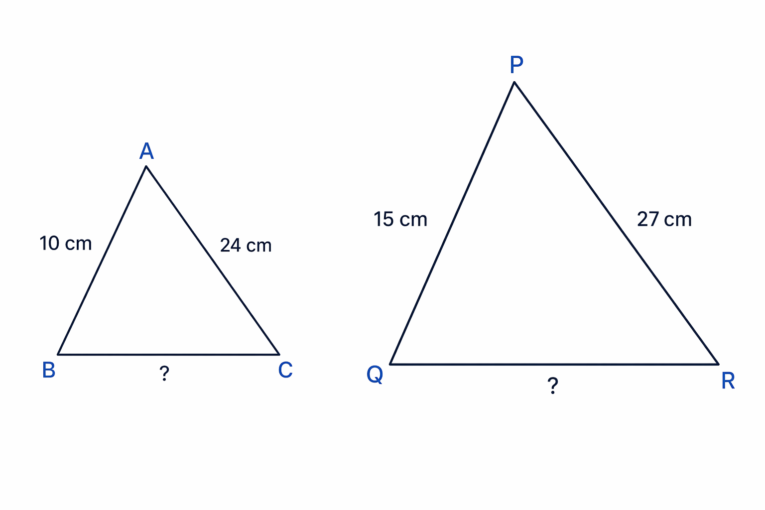 Two similar triangles with corresponding vertices in the same order, showing the known matching sides and the two missing lengths.