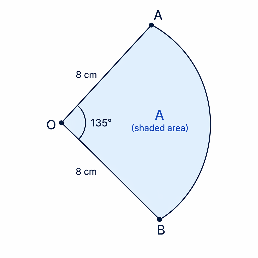 Sector with radius 8 cm and central angle 135° for finding the sector area.