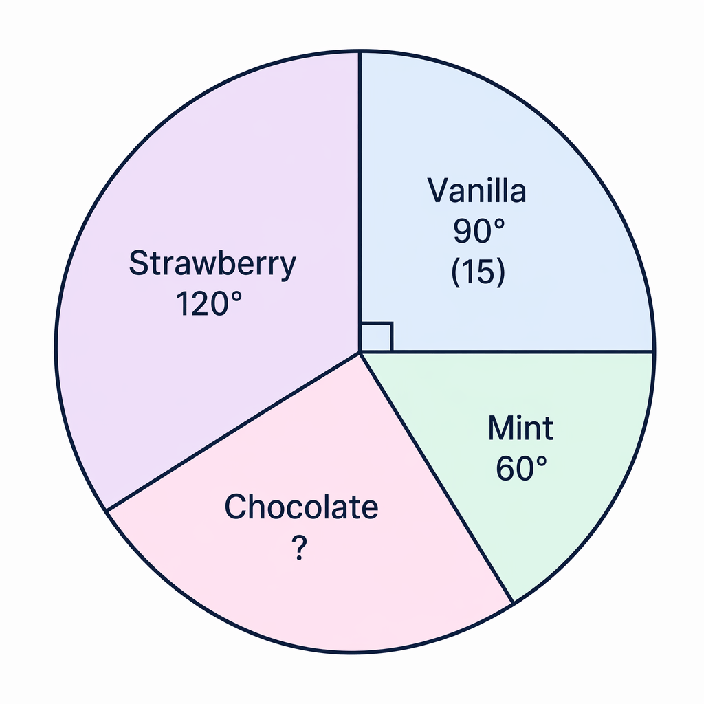 The ice-cream pie chart has given angles for vanilla, strawberry and mint, with chocolate filling the remaining sector.