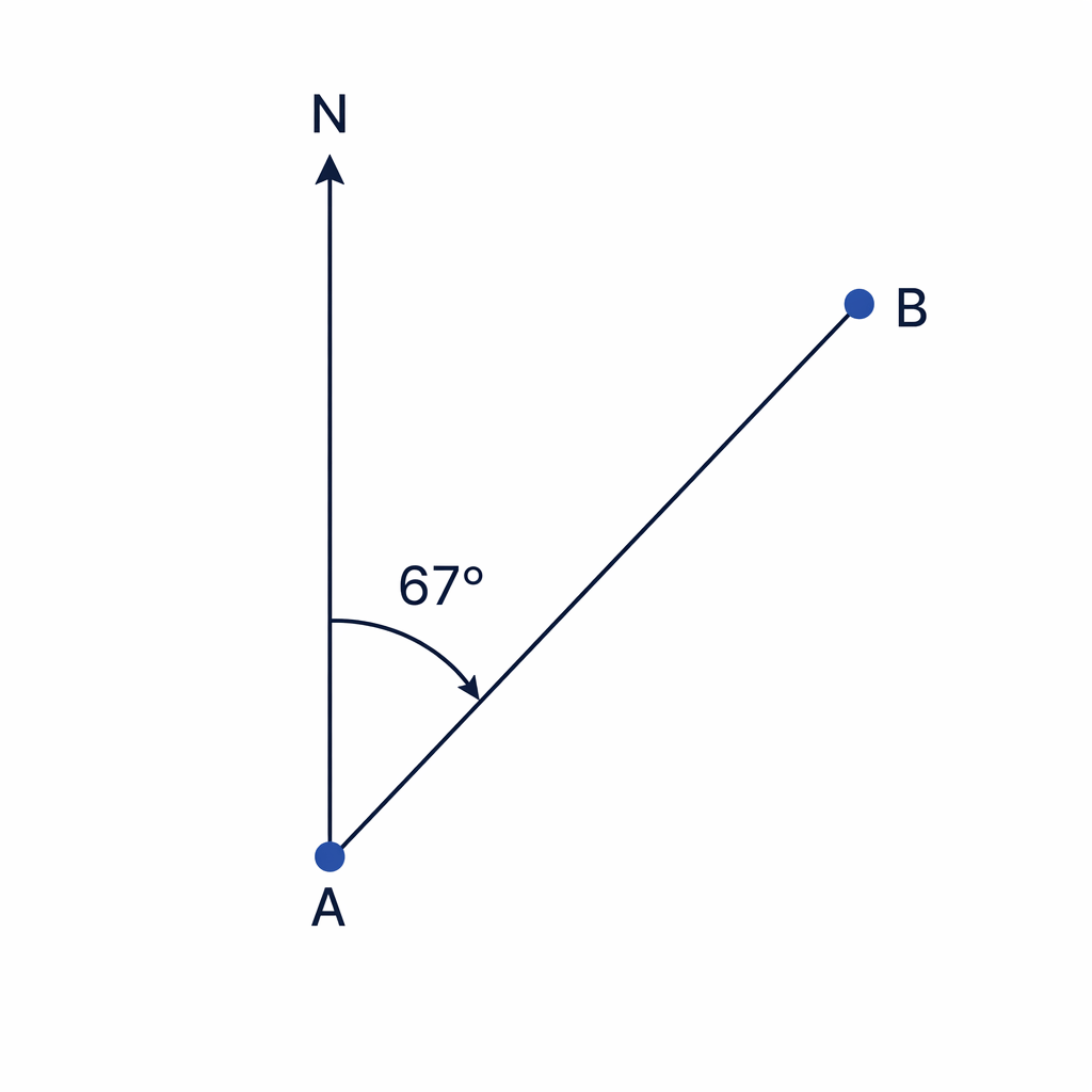 The bearing of B from A is the clockwise angle measured at A from North to AB.
