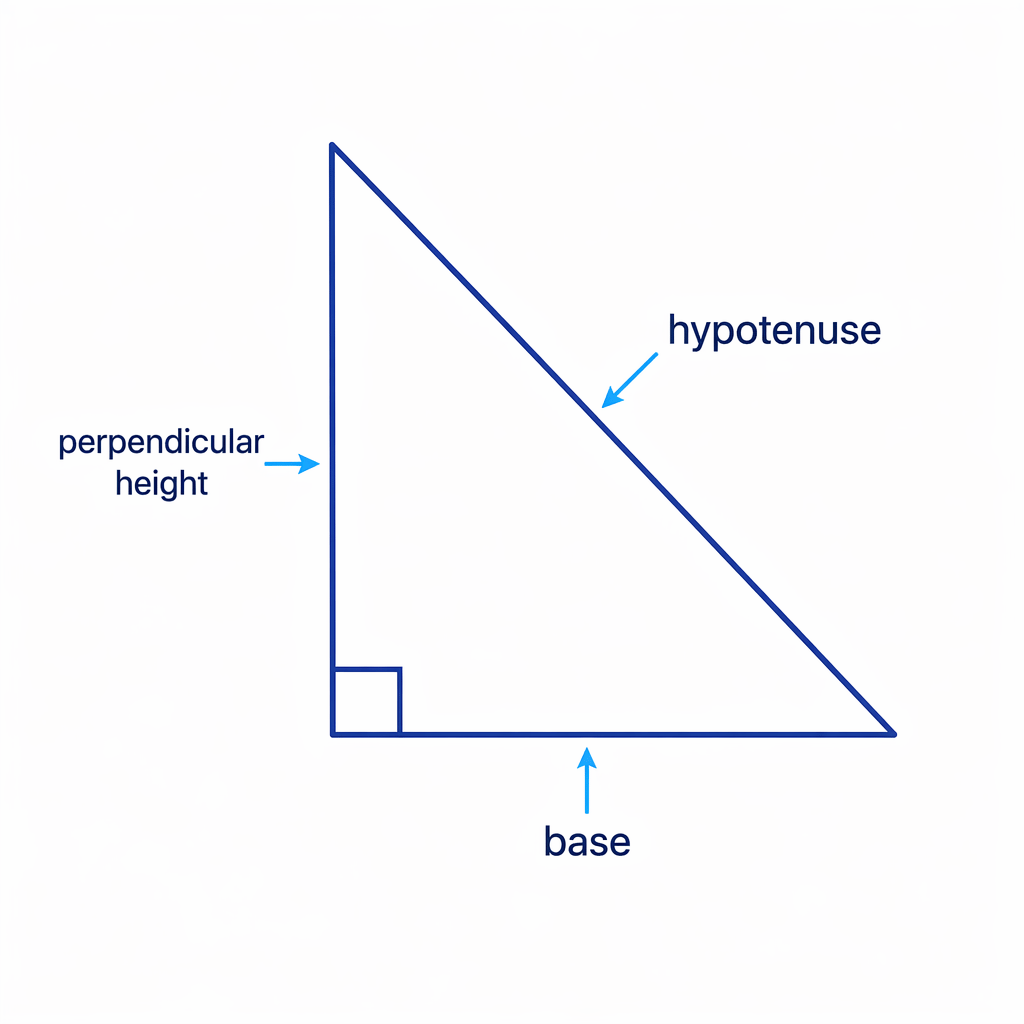 The hypotenuse is opposite the right angle and is not one of the perpendicular base-height pair.