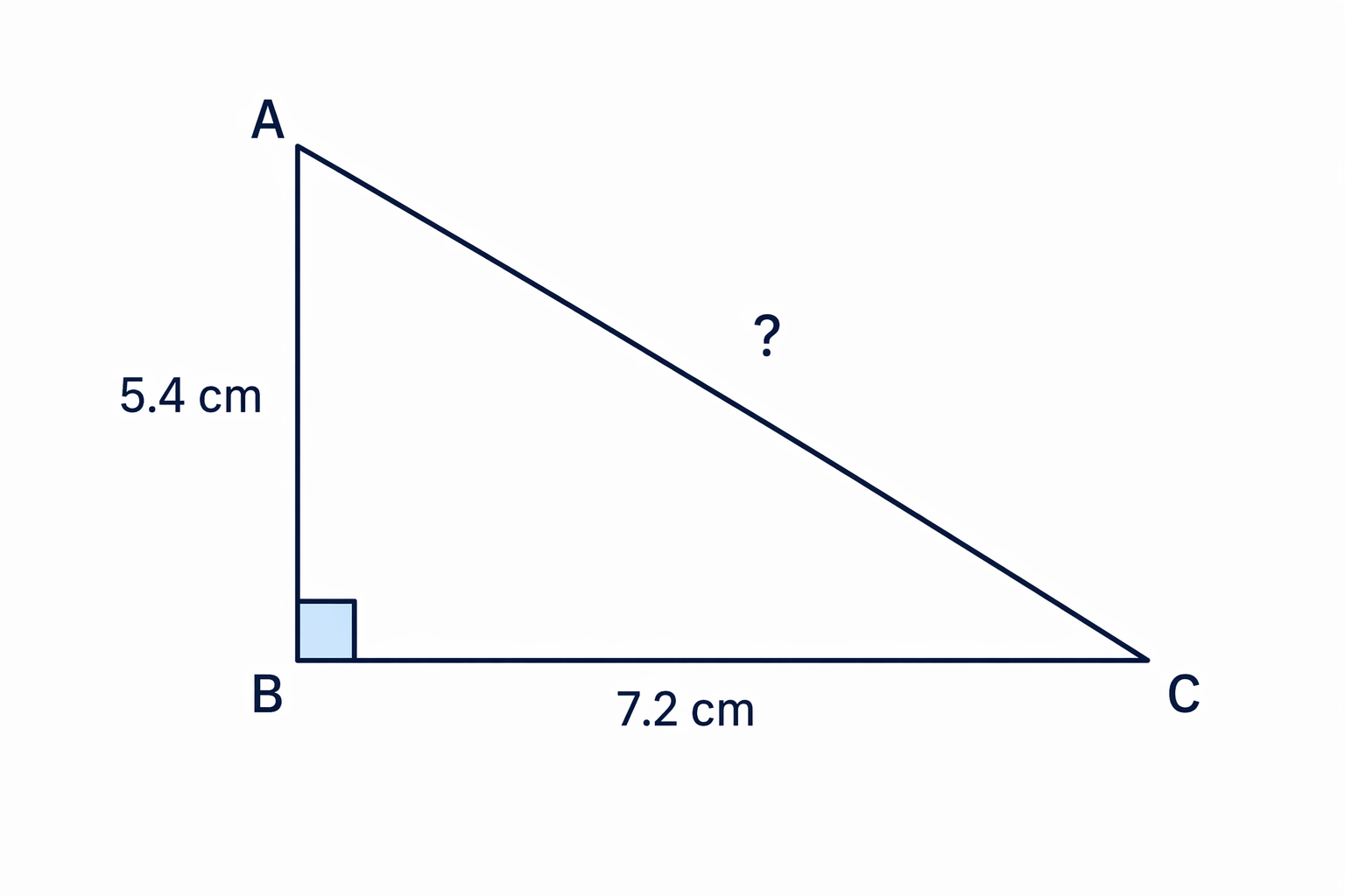 AB and BC are the two shorter sides meeting at the right angle, so AC is the unknown hypotenuse.