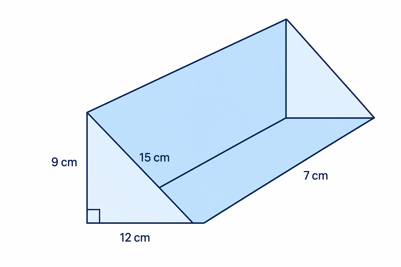 Triangular prism with a right-angled triangular cross-section of sides 9 cm, 12 cm and 15 cm, extended 7 cm long.