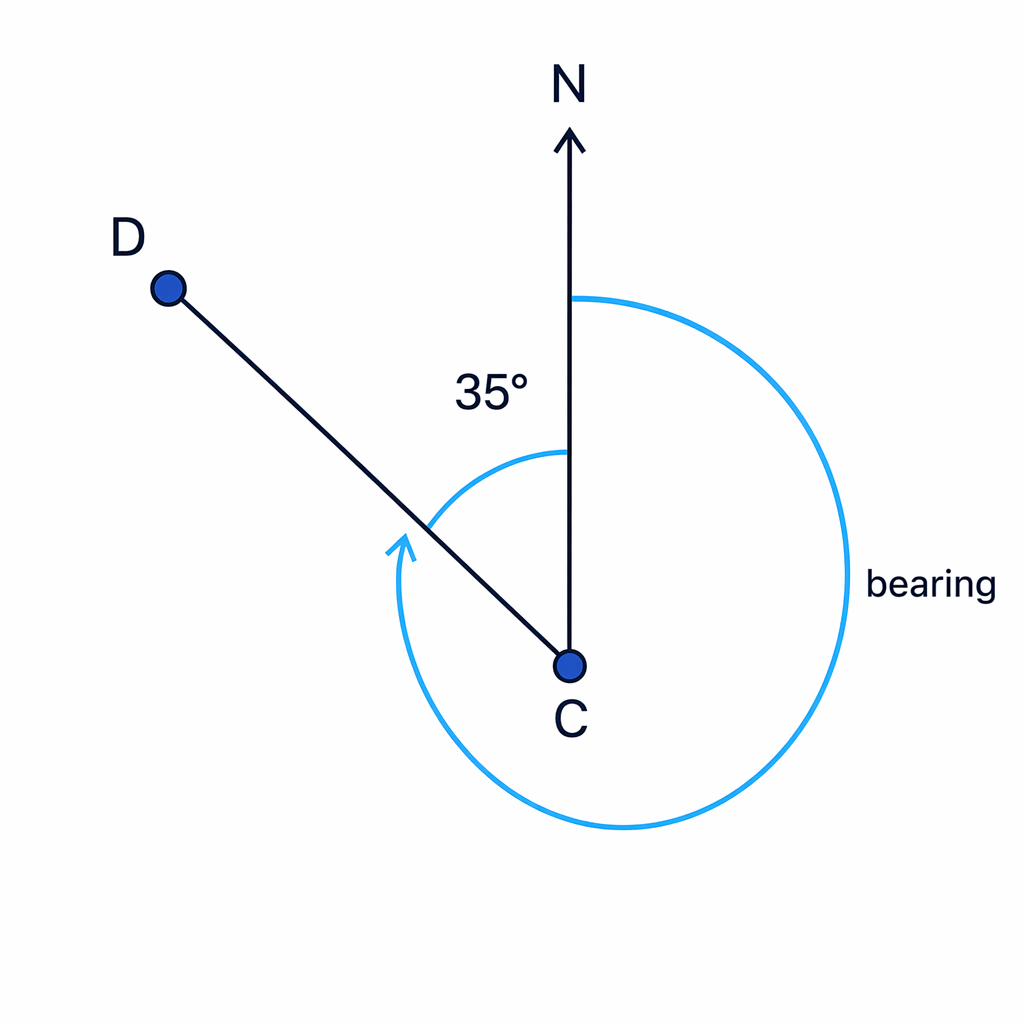 The marked 35° anticlockwise angle is not the bearing; the bearing is the clockwise angle all the way round from North to CD.