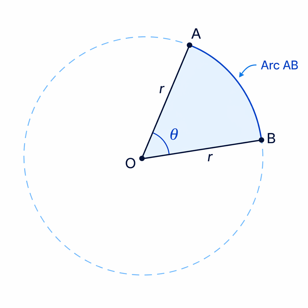 A sector is formed by two radii and the arc between them, with the central angle at the centre.