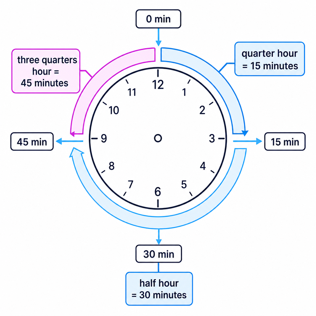 A clock face divided into quarters to show that half an hour is 30 minutes, quarter of an hour is 15 minutes, and three quarters is 45 minutes.