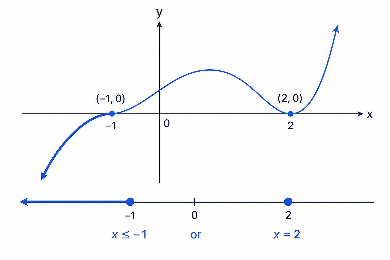 The cubic crosses at the simple root x=-1 but only touches the axis at the repeated root x=2.