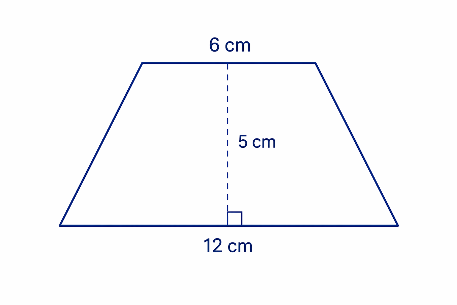 Trapezium face with parallel sides 12 cm and 6 cm and perpendicular height 5 cm shown at right angles to the bases.