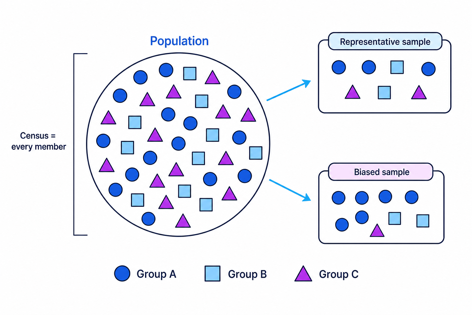 A population diagram showing the difference between a representative sample and a biased sample.