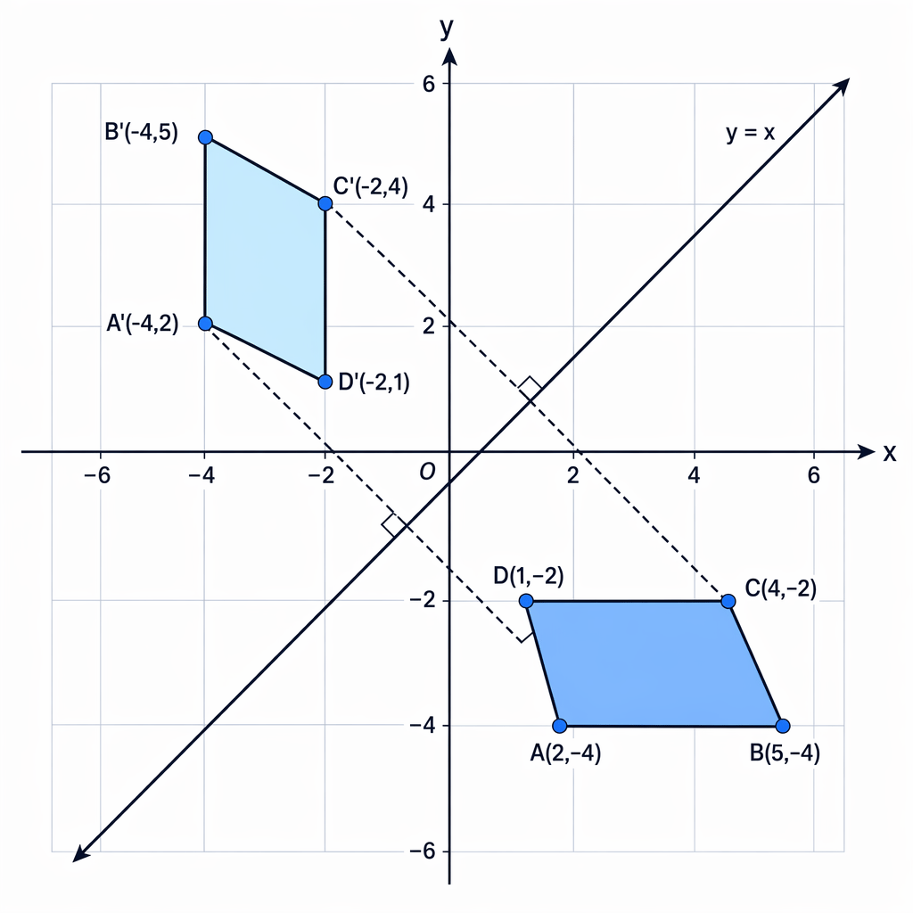 The quadrilateral is reflected in the mirror line y=x, so each point swaps its coordinates.