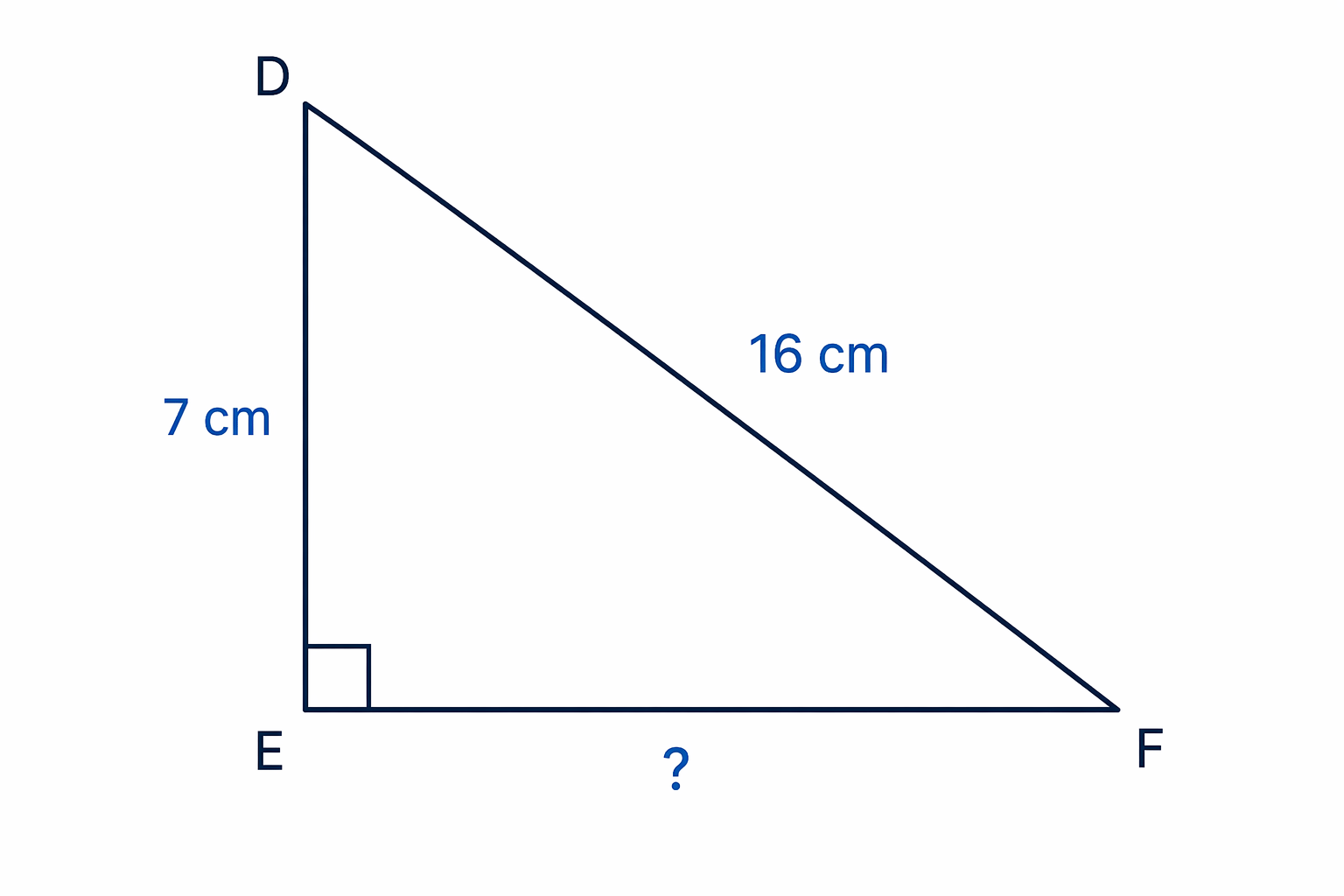 DF is the given hypotenuse, so the missing side EF is one of the shorter sides.