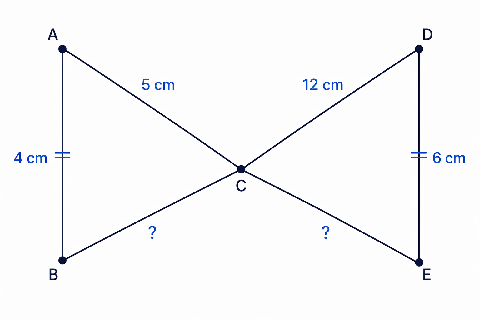 A bow-tie pair of similar triangles meeting at C, with AB parallel to DE.