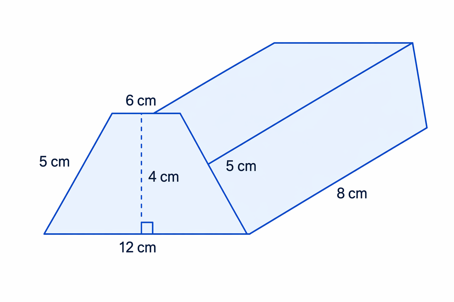 Trapezium prism with trapezium cross-section labelled with its side lengths, perpendicular height, and prism length.