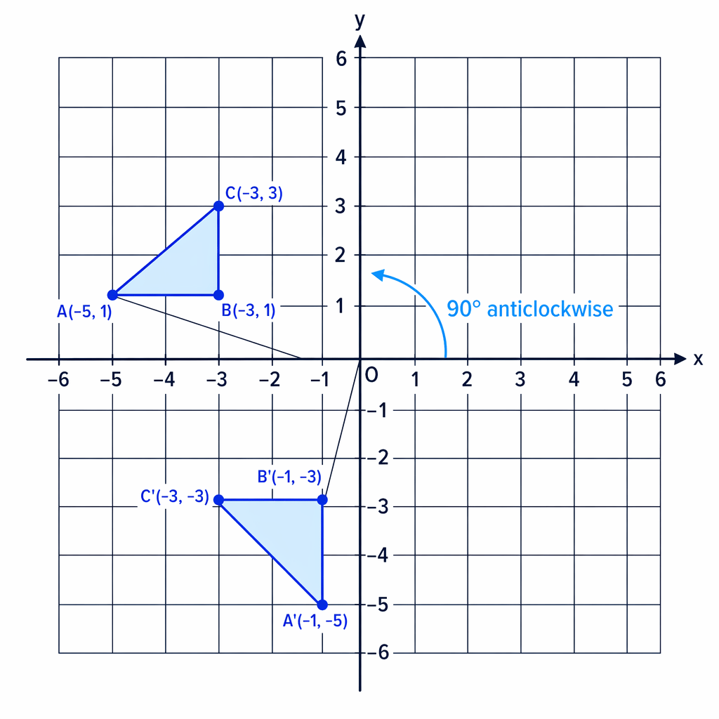 The triangle is turned 90° anticlockwise about the origin, moving it from quadrant II to quadrant III.