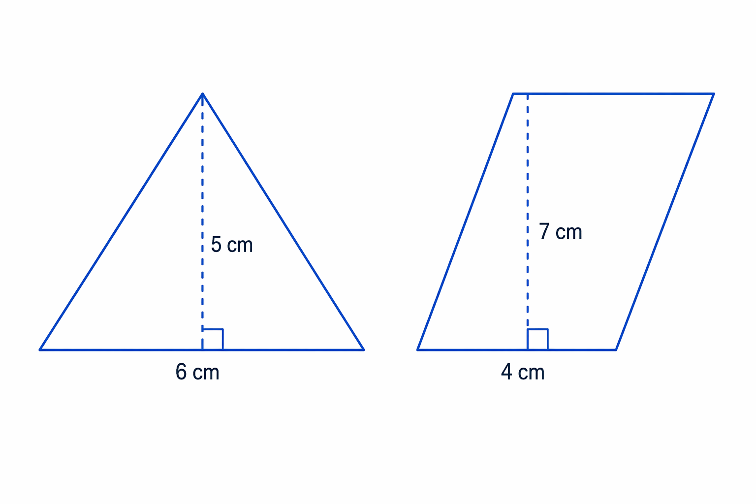 A triangle with base 6 cm and perpendicular height 5 cm, next to a parallelogram with base 4 cm and perpendicular height 7 cm.