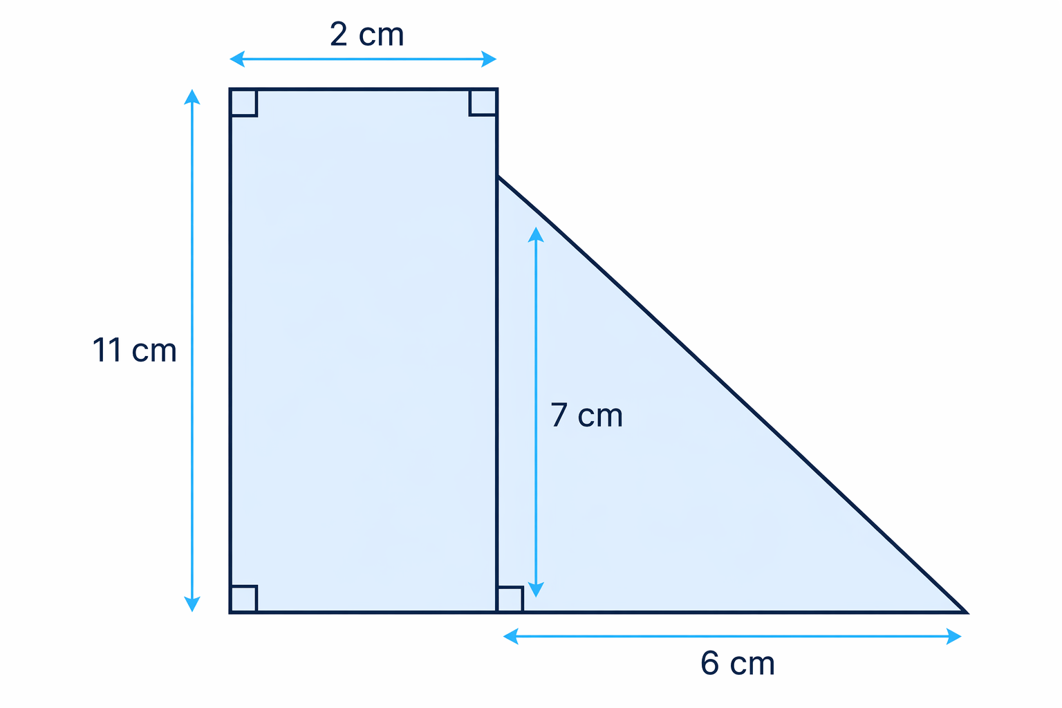 Compound shape split into a 2 cm by 11 cm rectangle and a right-angled triangle with base 6 cm and height 7 cm.