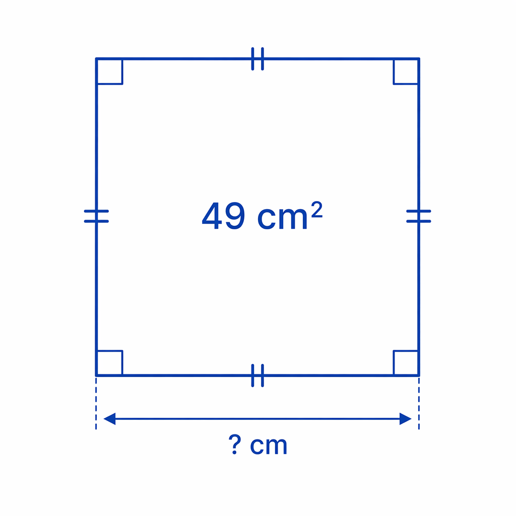 A square with area 49 cm², with the equal side lengths to be found before using the perimeter rule.