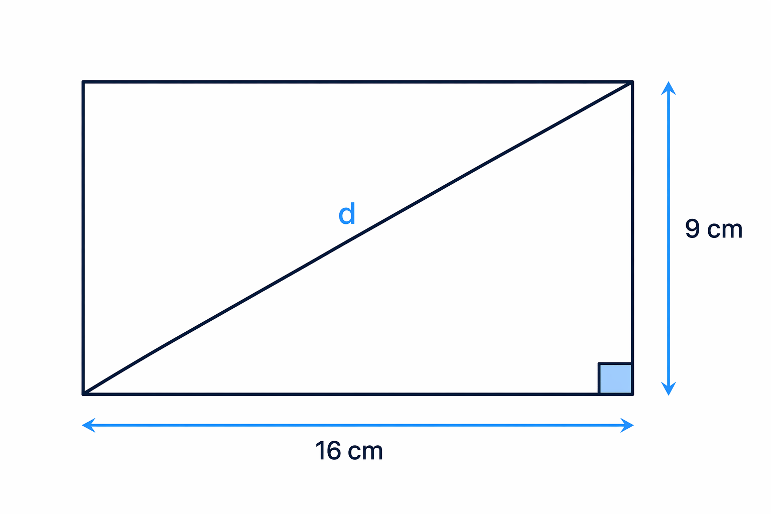 The diagonal of the rectangle forms the hypotenuse of a right-angled triangle with sides 16 cm and 9 cm.