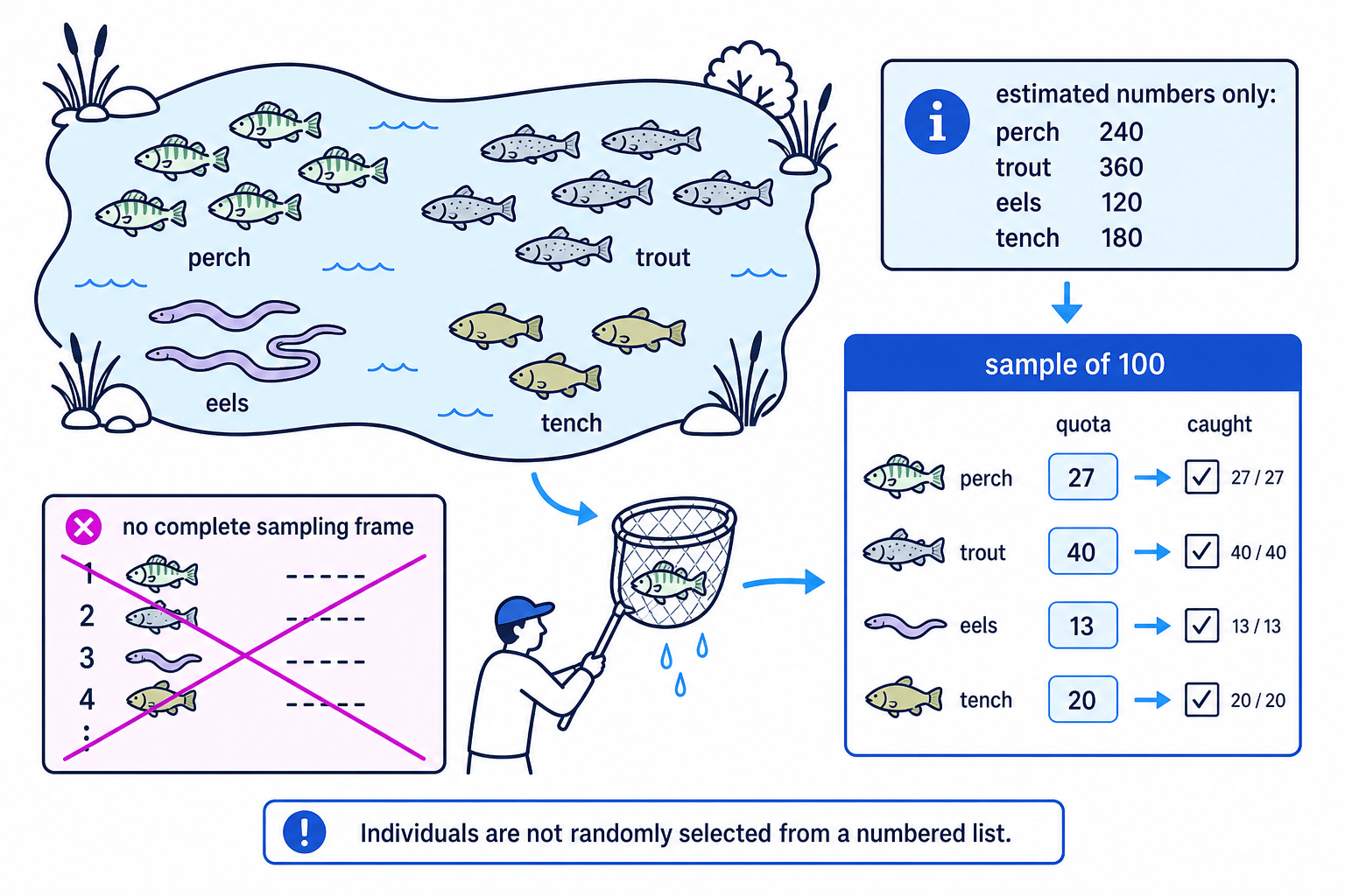 Quota sampling can use estimated group sizes when individual members cannot be listed for random selection.