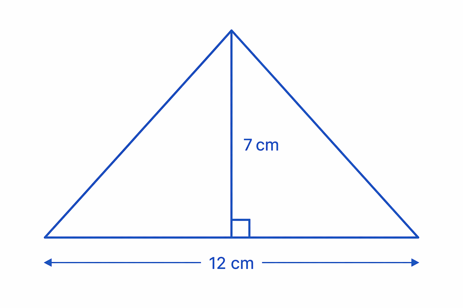 Triangle with base 12 cm and perpendicular height 7 cm for applying the triangle area formula.