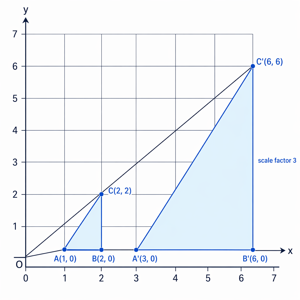 Each vertex lies on the same ray from O as its image, with distances multiplied by 3.