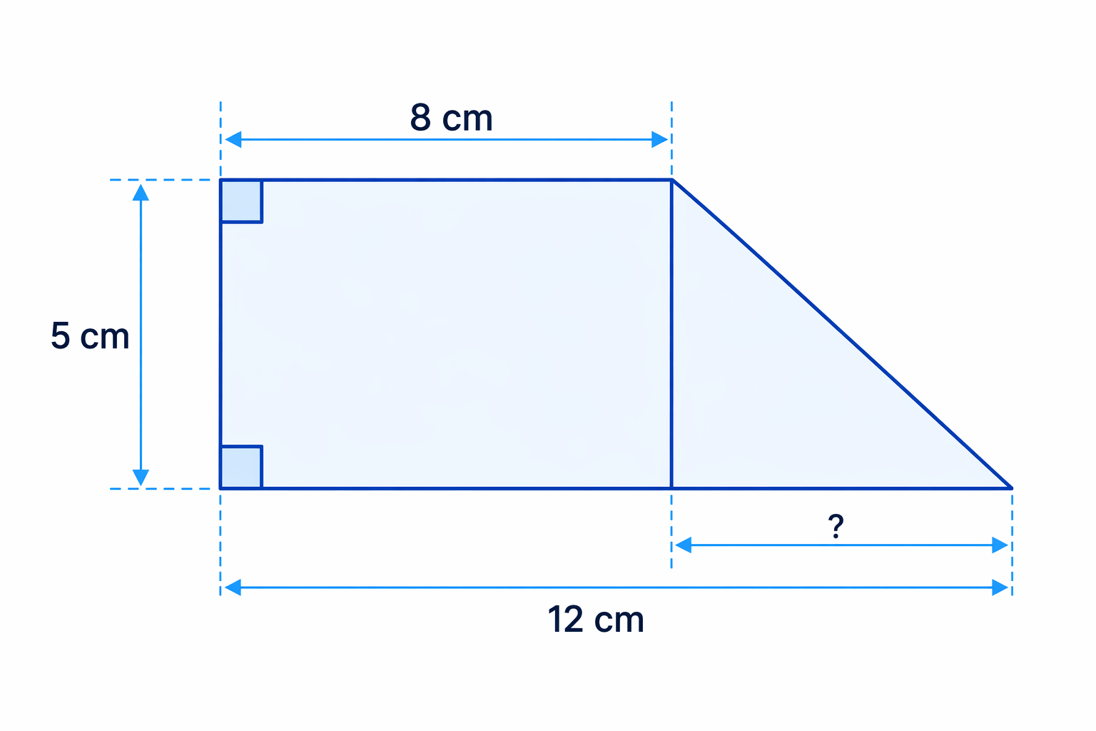 Right-angled trapezium split into an 8 cm by 5 cm rectangle and a right-angled triangle with extra bottom width.
