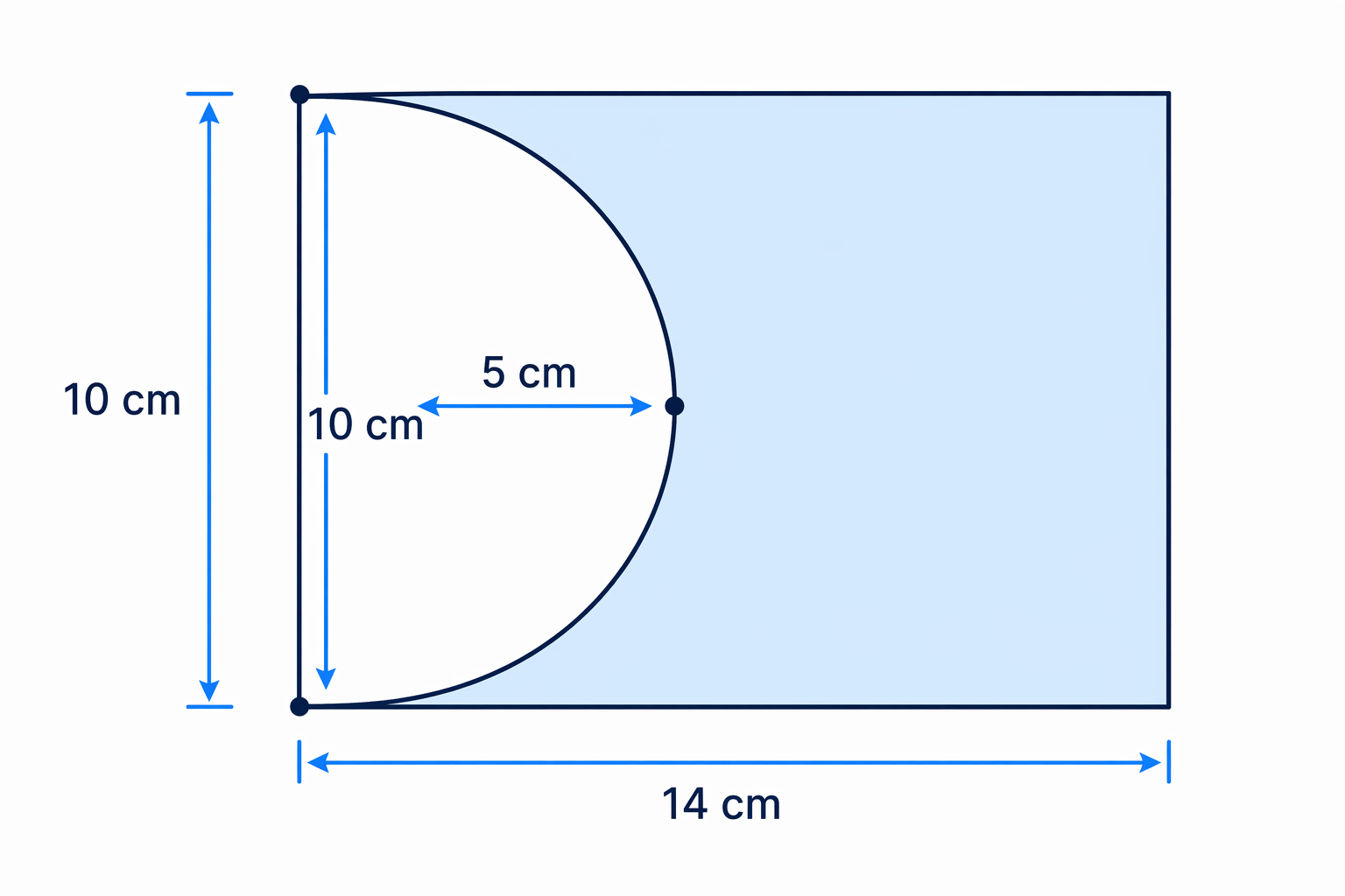 A 14 cm by 10 cm rectangle containing an unshaded semicircle of diameter 10 cm, leaving the rest shaded.