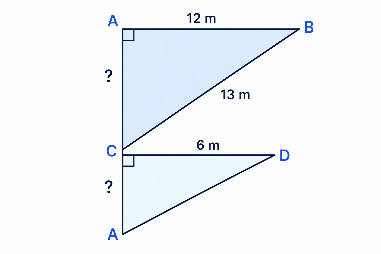 The shared side AC is found from triangle ABC, then used as a shorter side in triangle ACD to find AD.