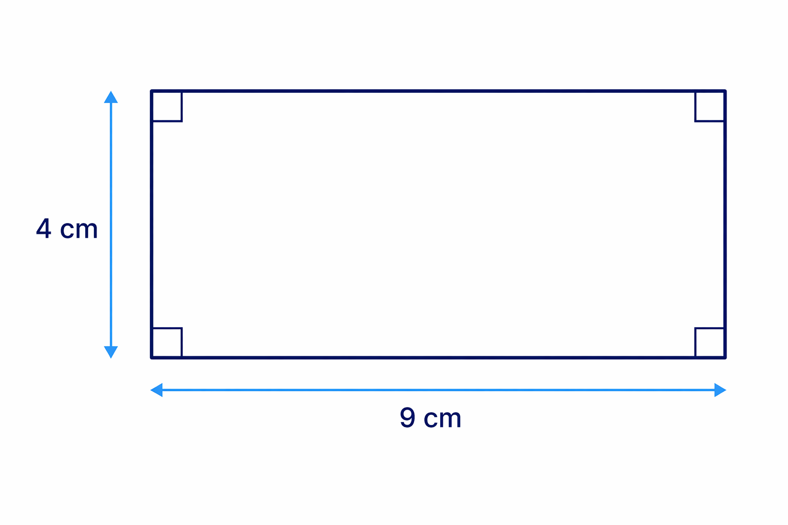 Rectangle with length 9 cm and width 4 cm, showing the two dimensions used for area.