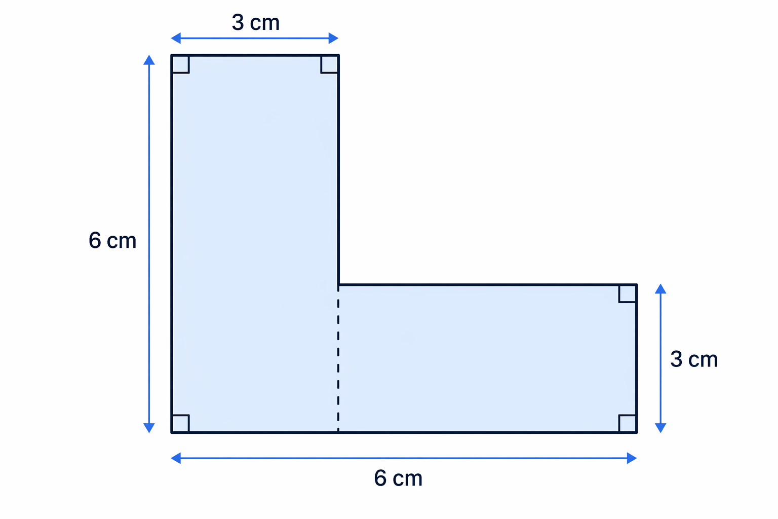 Two 6 cm by 3 cm rectangles joined along a 3 cm edge to form an L-shape, with only the outside boundary counted for perimeter.