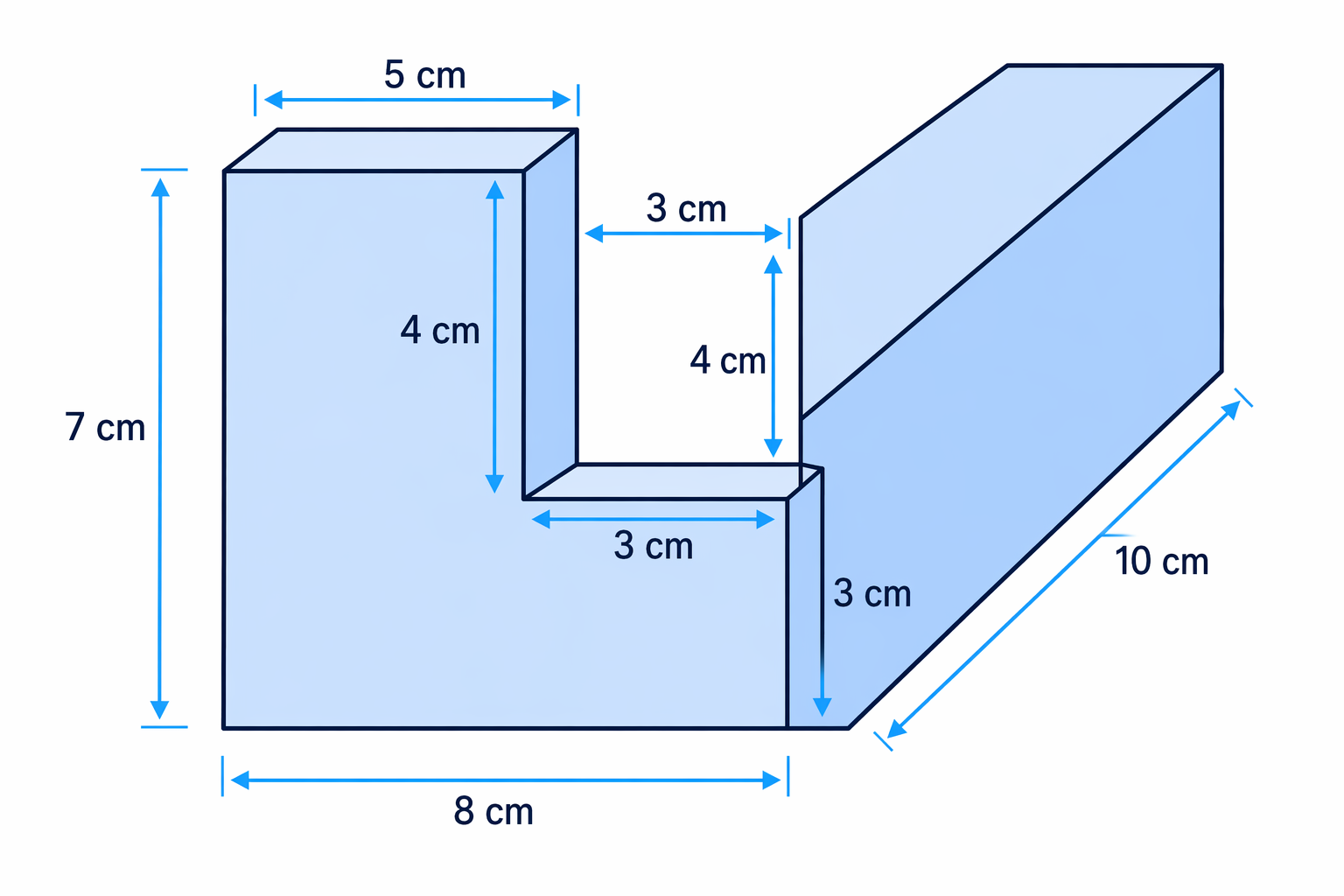 L-shaped prism formed from an 8 cm by 7 cm rectangle with a 3 cm by 4 cm corner removed, extended 10 cm long.
