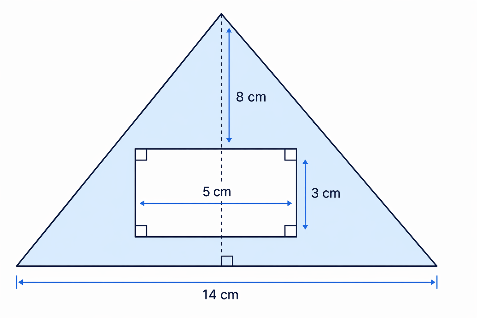 Shaded triangular region with an unshaded 5 cm by 3 cm rectangle removed from inside.