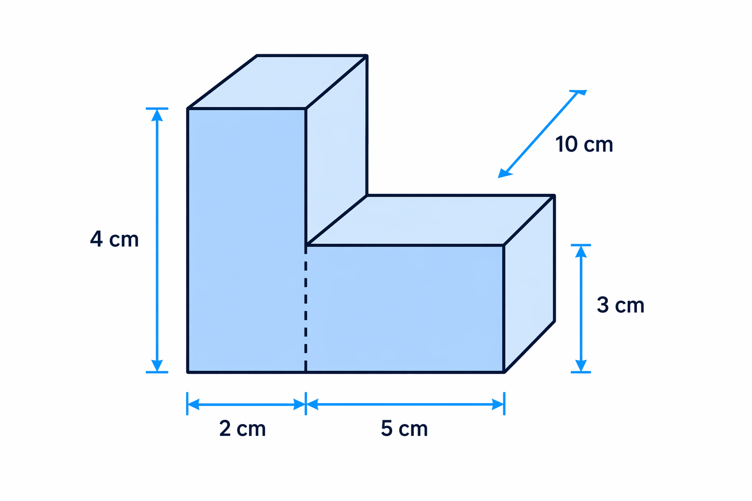 L-shaped prism cross-section split into two rectangles before being extended 10 cm deep.