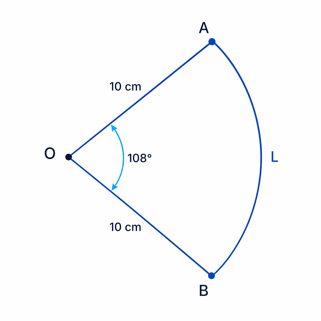 Sector with radius 10 cm and central angle 108°, with the curved arc length to find.