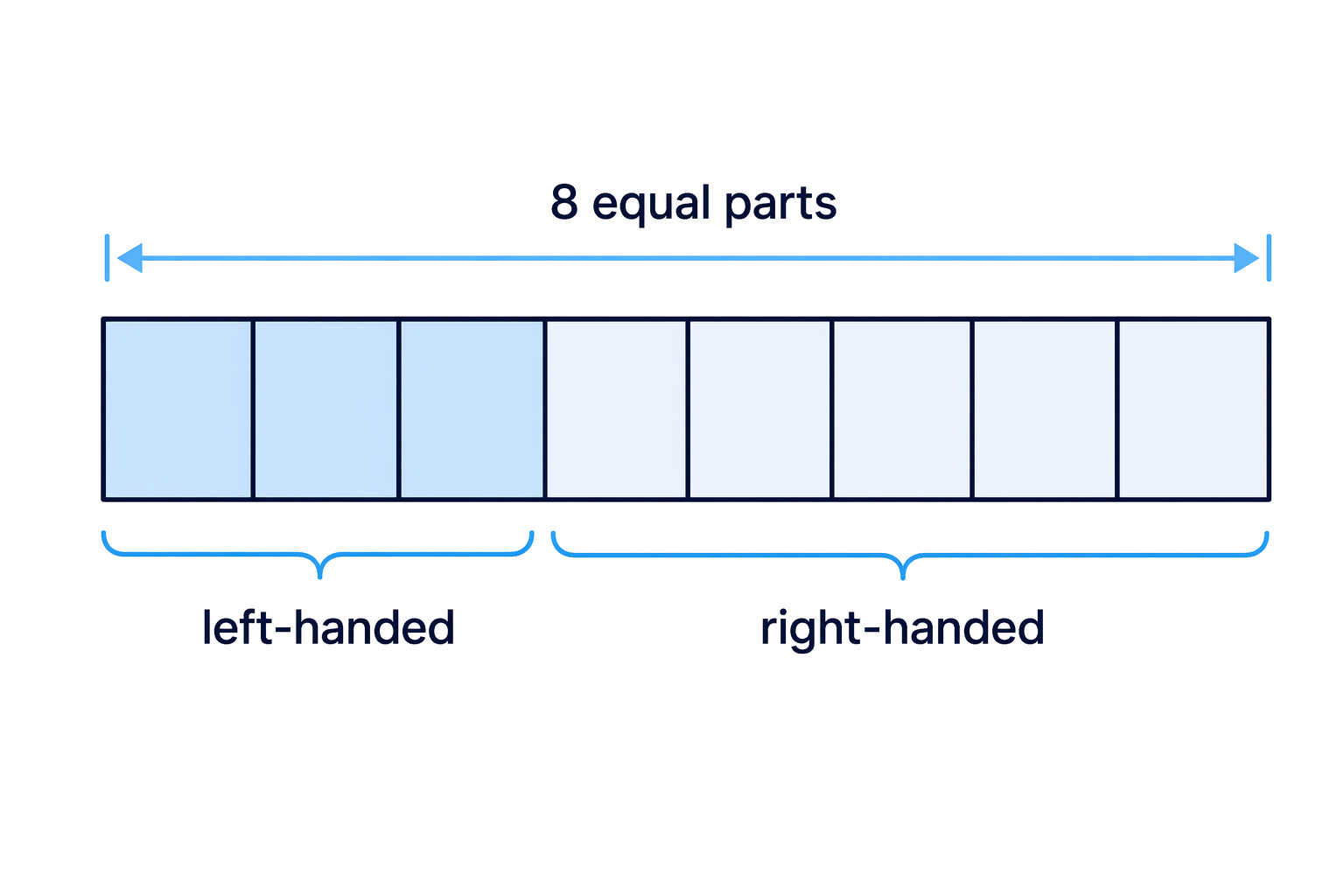 An eight-part bar shows 3 parts left-handed and the remaining 5 parts right-handed.