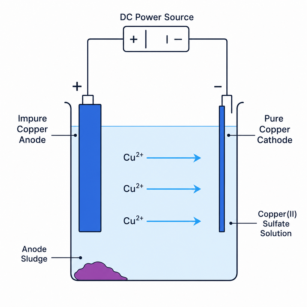 Diagram showing the purification of copper using an impure copper anode, a pure copper cathode, and copper(II) sulfate solution as the electrolyte