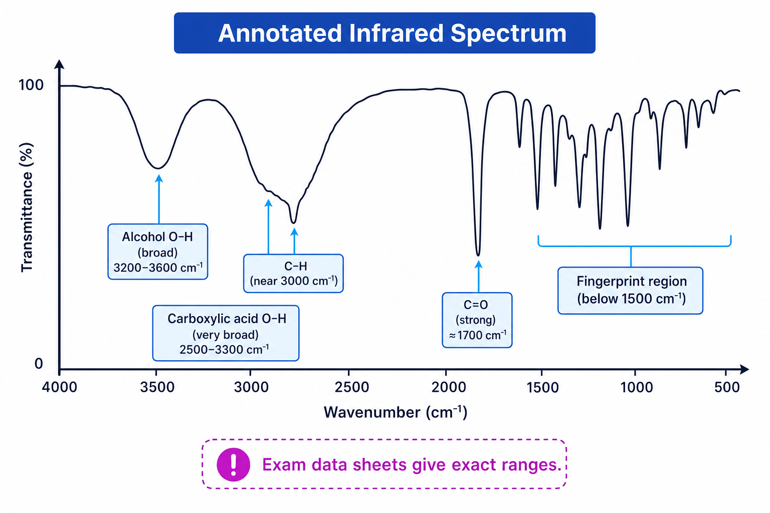 Annotated IR spectrum showing key absorption regions for O-H, C-H, C=O and the fingerprint region
