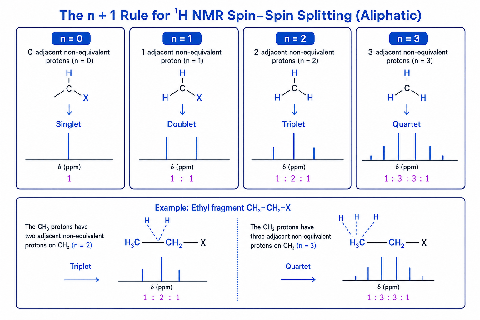 Schematic of the n plus 1 rule for proton NMR splitting