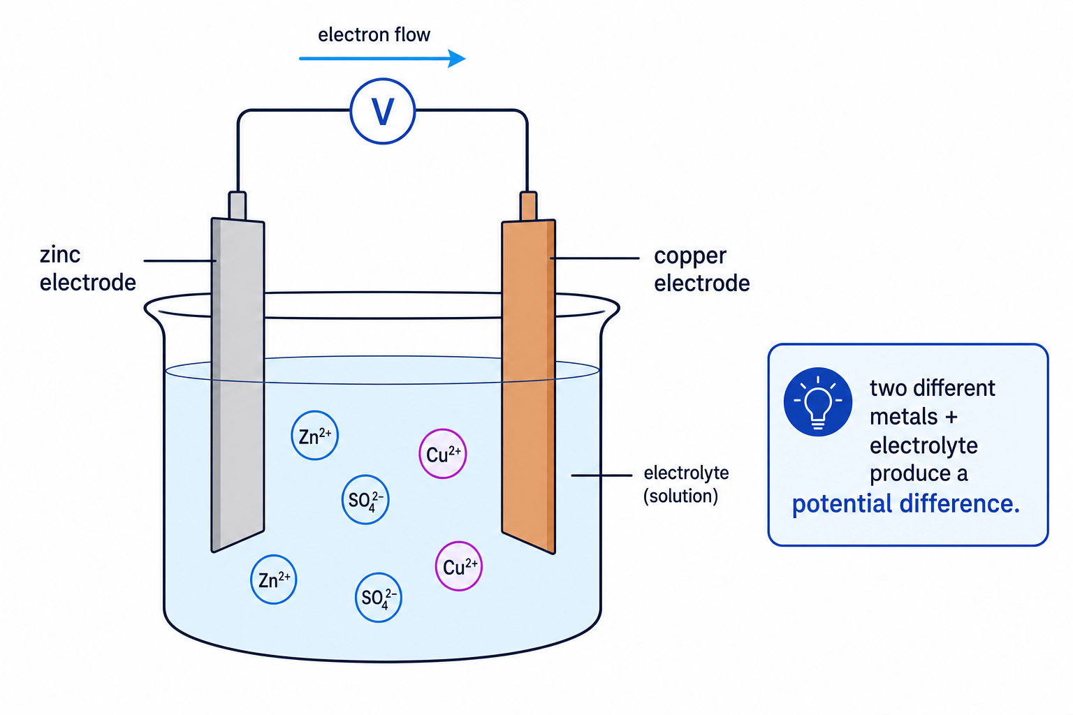 Labelled simple chemical cell with zinc and copper electrodes in an electrolyte connected to a voltmeter