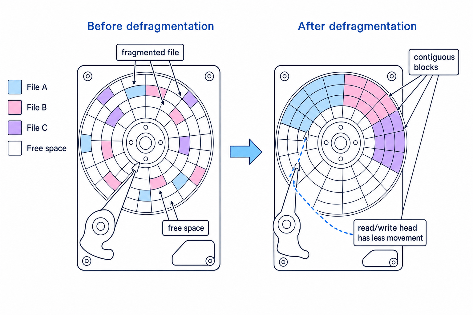 Diagram showing file blocks before and after disk defragmentation on a hard disk drive