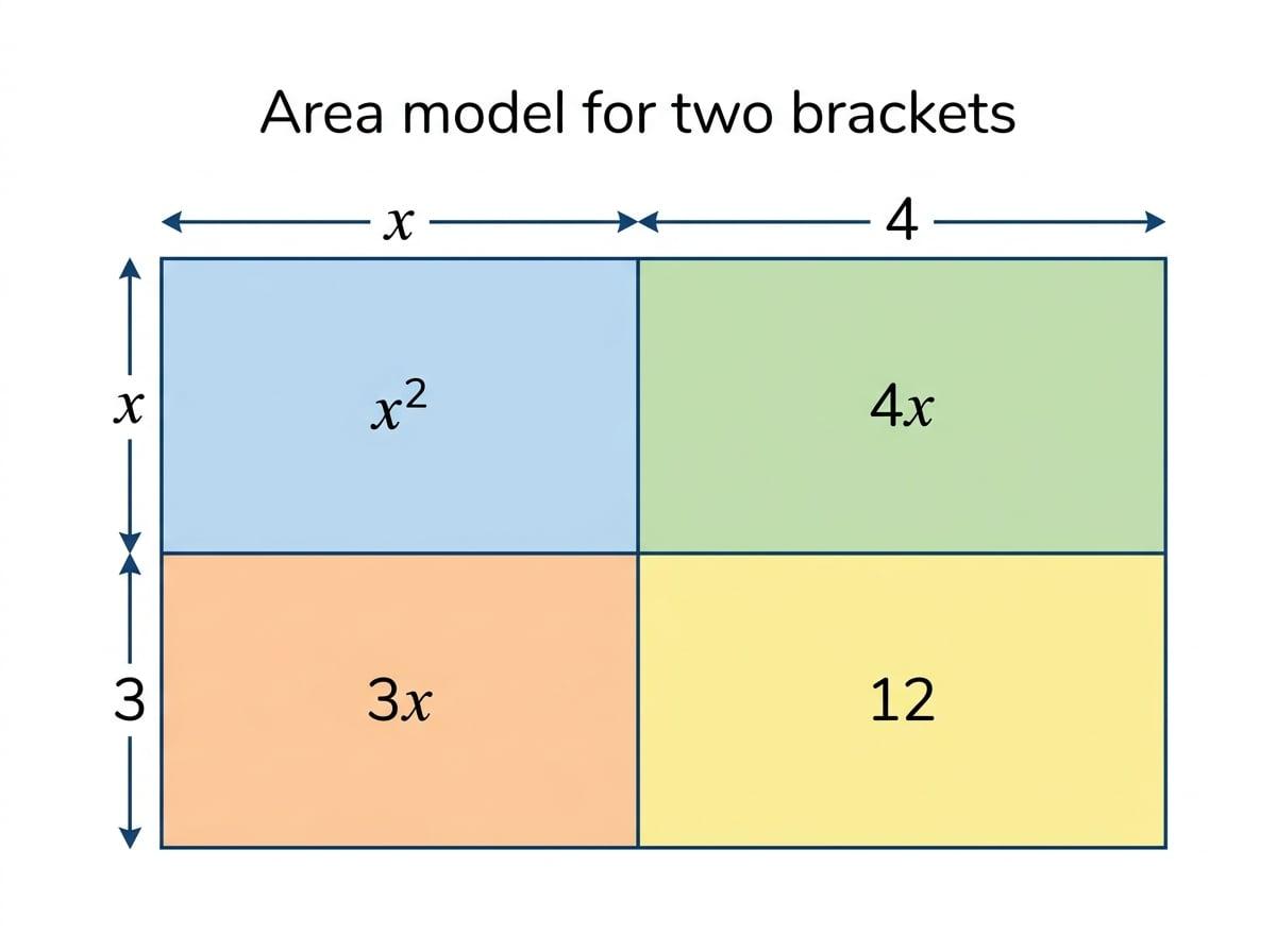 Area model showing how (x + 4)(x + 3) expands into x squared, 4x, 3x and 12
