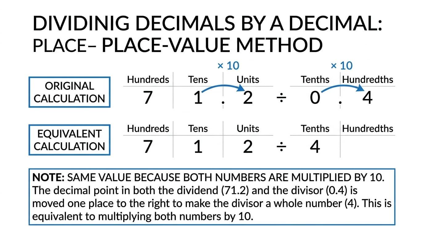Diagram showing 71.2 divided by 0.4 becoming 712 divided by 4 by multiplying both numbers by 10