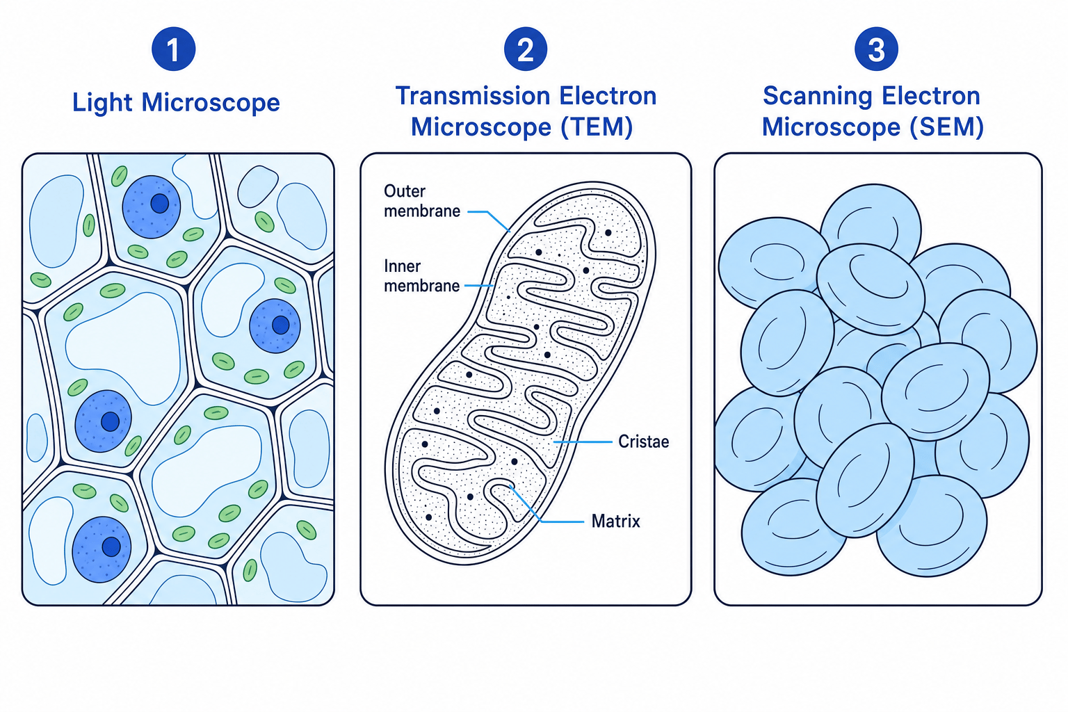 Comparison of images from Light Microscope, TEM, and SEM