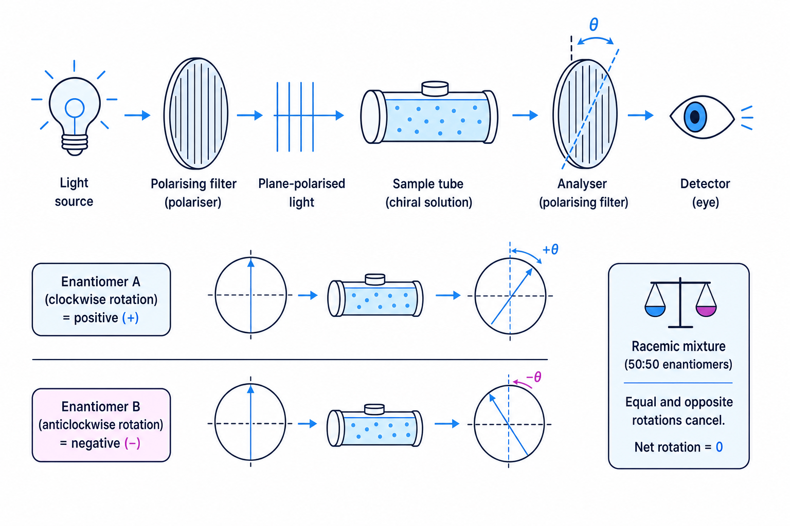 Polarimeter showing optical rotation by enantiomers and cancellation in a racemic mixture
