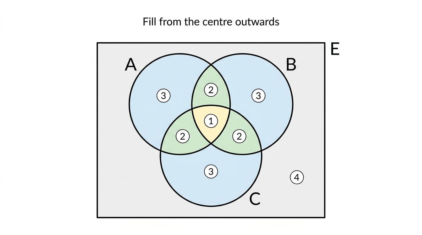 Three-set Venn diagram showing the order to fill regions from the centre outwards