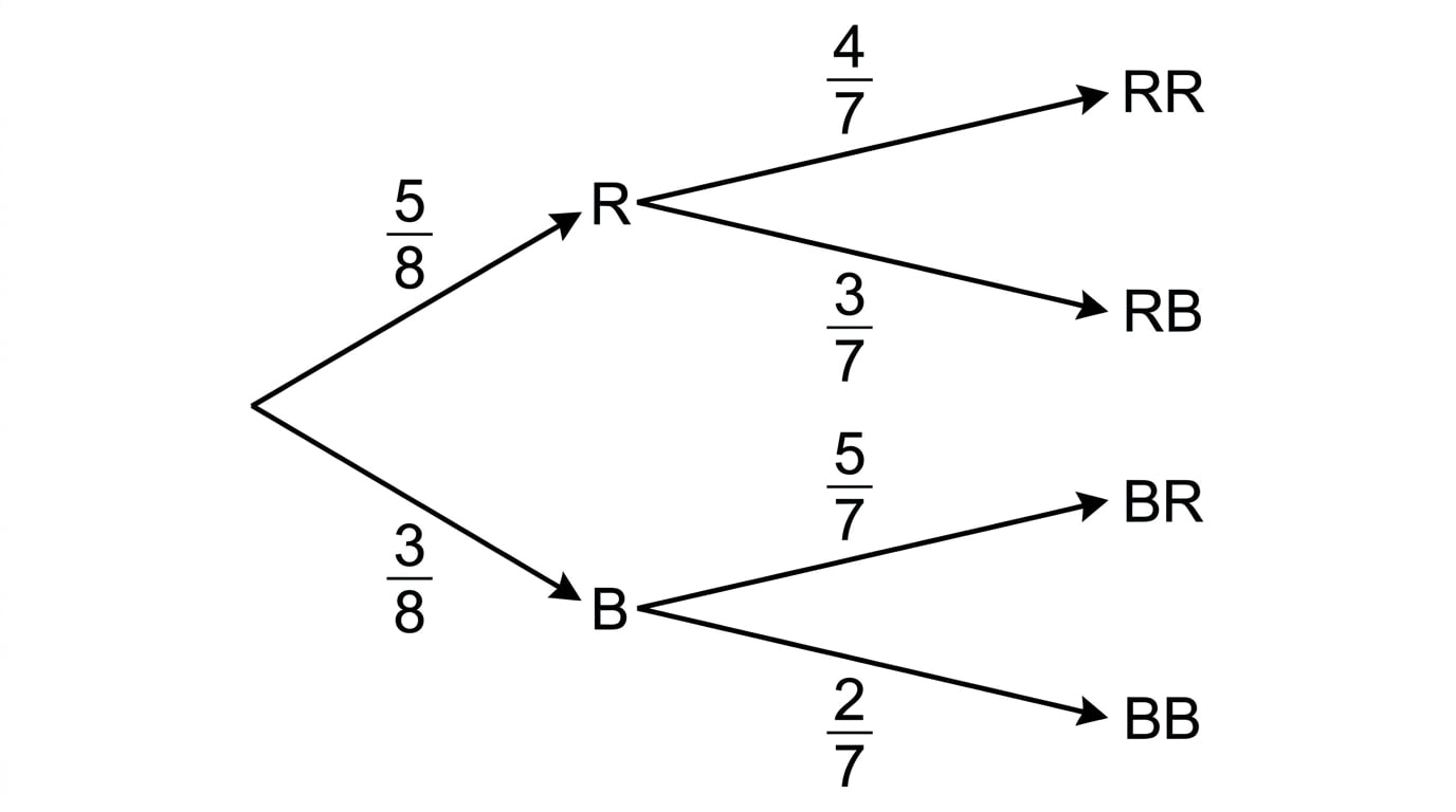 Probability tree diagram for two counters drawn without replacement
