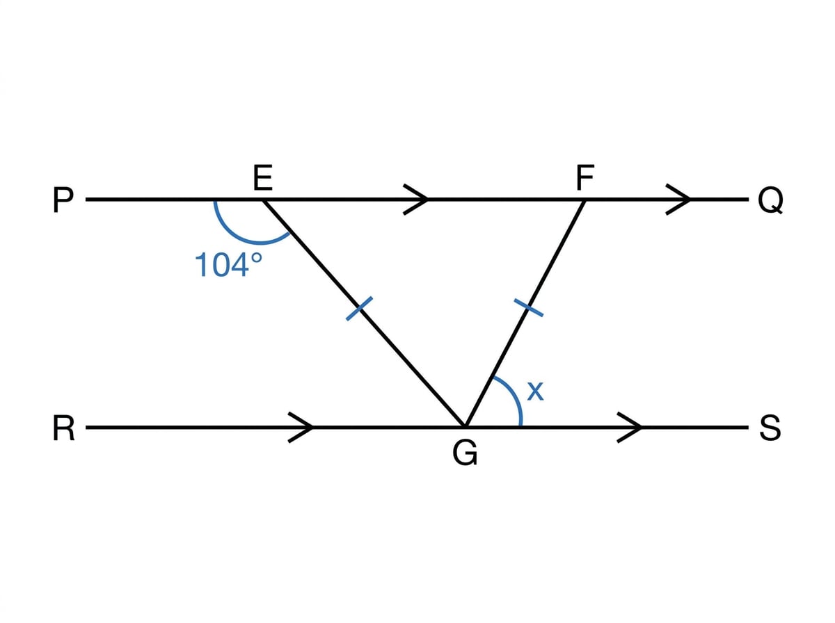 Isosceles triangle between two parallel lines with exterior angle 104 degrees and unknown angle x