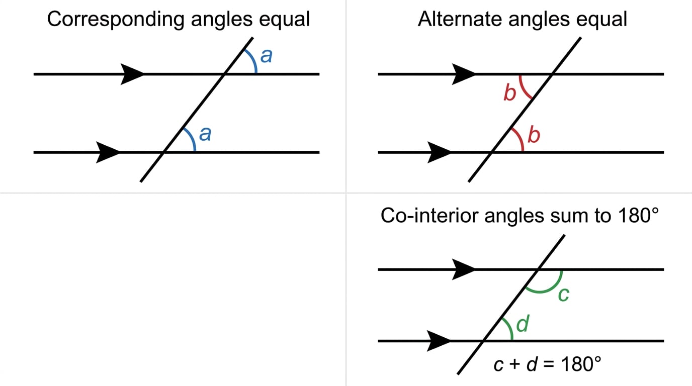 Three panels showing corresponding, alternate and co-interior angle facts for parallel lines cut by a transversal
