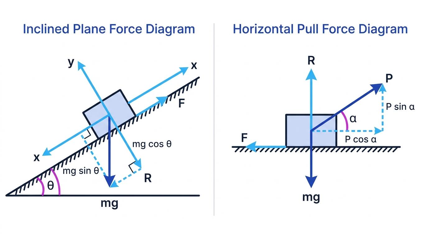 Force diagrams showing resolved components on an inclined plane and for a block pulled at an angle