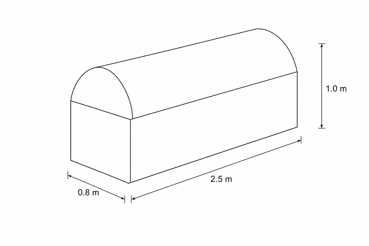 Diagram of a ramp structure consisting of a rectangular block with a half-cylinder top.